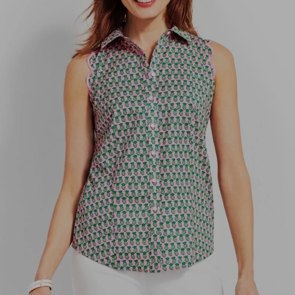 Talbots women’s pink Pineapple pint Scallop sleeve soreness Blouse plus sz 16W - Picture 2 of 8